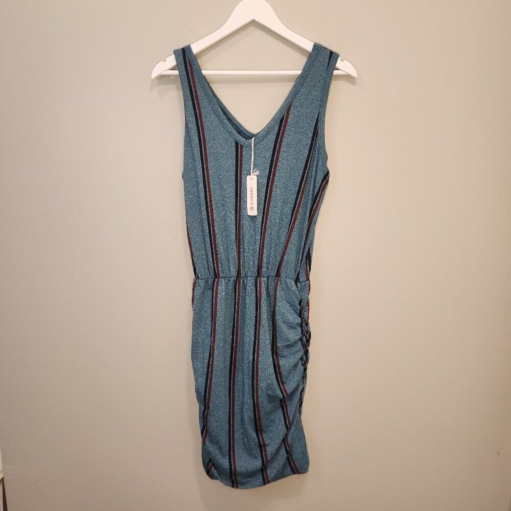Sundry Tank Dress V-Neck Teal Stripes Ruched Skirt Casual Beach Lounge - Size 2